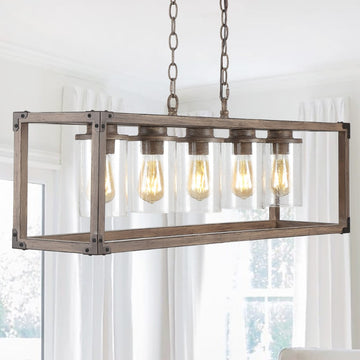 Zeniba 36" Linear Adjustable Iron/Seeded Glass Rustic Farmhouse LED Pendant - JONATHAN Y